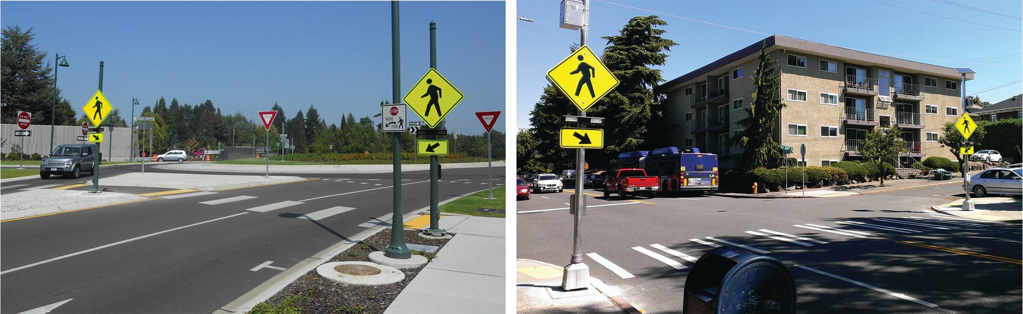 Left: Rapid flashing beacons at a roundabout. Right: rapid flashing beacons installed in 2015 at the intersection of 15th Avenue NE and NE 55th Street. (Photos by the author)