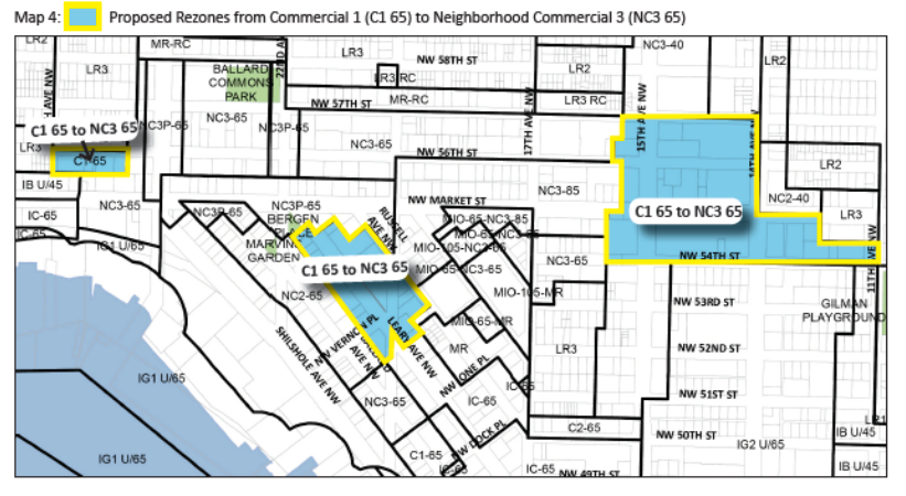 Proposed C1 to NC3 rezones. (City of Seattle)