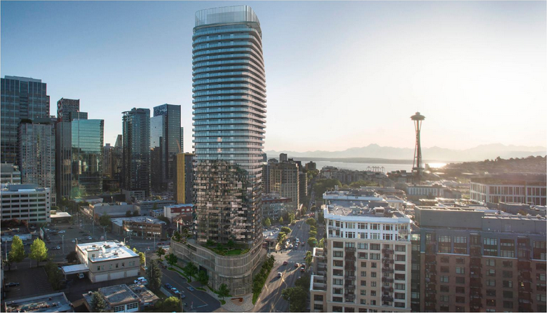 The designers envision a sort of gentle corkscrewing tower at 2014 Fairview. (ZGF Cotter) 