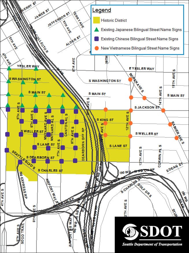 Map of bilingual street signs in the International District. (City of Seattle)