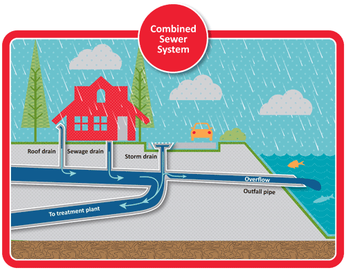 A graphic depicting how combined sewer systems work during wet weather; newer sewer systems are built with separate systems for stormwater and sewer. (King County)