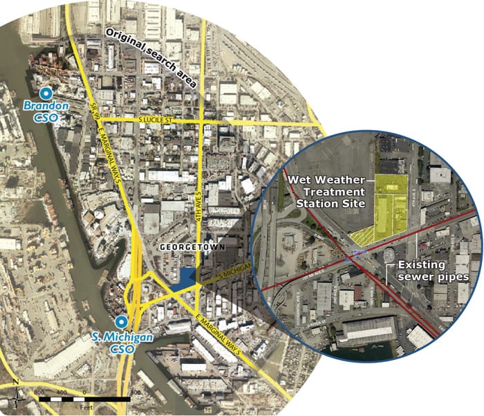 Existing regulator stations and the search area for a new wet weather treatment site near Georgetown. (King County)