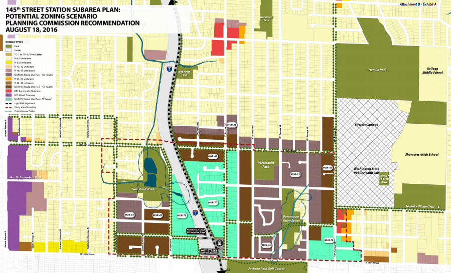 Recommended zoning map by the Shoreline Planning Commission for the 145th Street Subarea. (City of Shoreline)