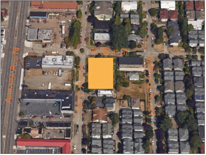 Nesbit Place, a working title for the 88th and Nesbit residential project, lies within the Aurora Licton Springs Urban Village in area with many townhomes just east of Aurora Avenue. (RMA) 