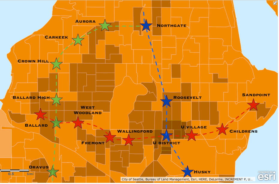 Potential alignments for light rail extensions from Ballard. (Esri)