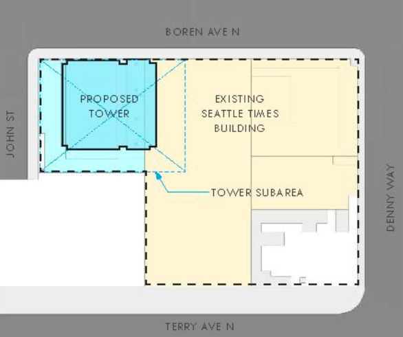 The 121 Boren tower will rise from the northwest corner of the site. (Via)