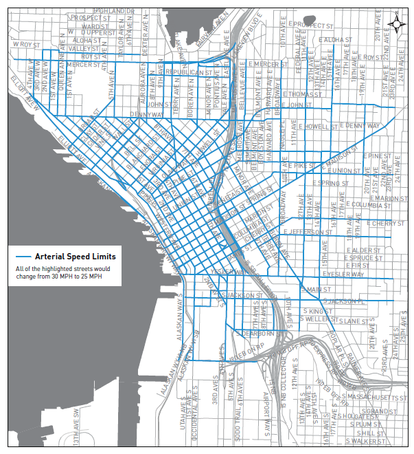Changes (blue) to the arterial speed limits. (City of Seattle)