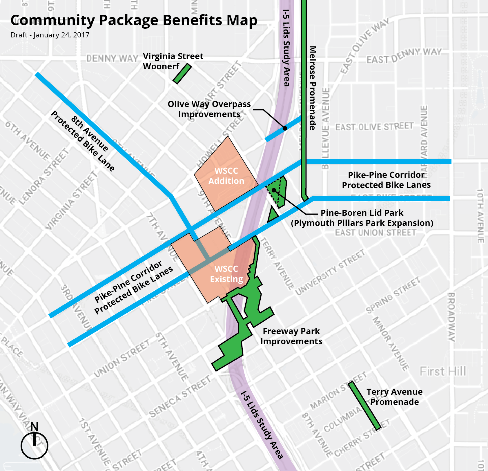 The Community Package Benefits Map. Affordable housing within one mile, additional potential I-5 lid study areas, and the I-5 overpasses “kit of parts” are not shown.