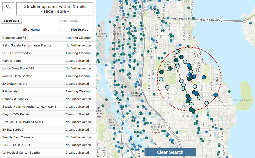 Toxic sites near Columbia City. Awaiting Cleanup (Blue); Cleanup Started (Sea Green); or No Further Action (Forest Green).&nbsp;(Washington State Department of Ecology)