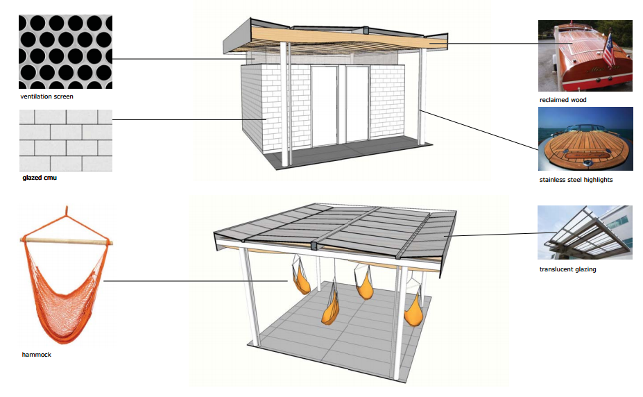 Proposed materials for the Boat Street pavilion concept. (Walker/Macy / City of Seattle)