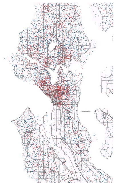 Red dots represent 25 renter-occupied units, blue dots represent 25 homeowner-occupied units. (City of Seattle)