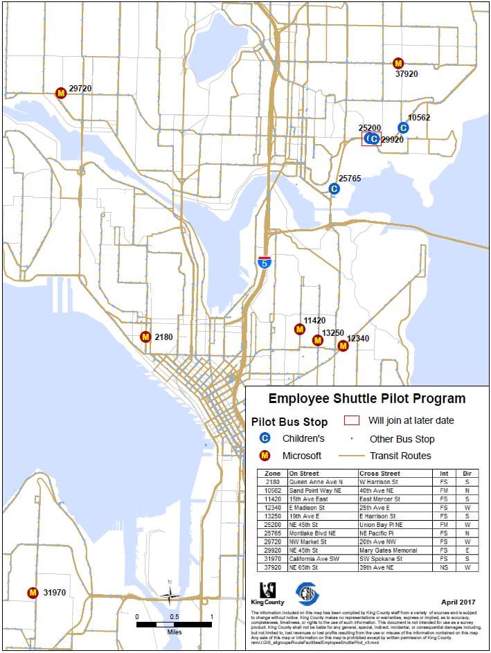 Locations of the bus stops being used by private shuttles in the pilot program. (City of Seattle)