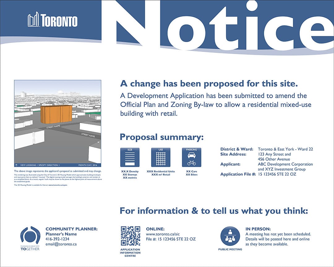 The City of Toronto's general large land use notice sign. (City of Toronto)