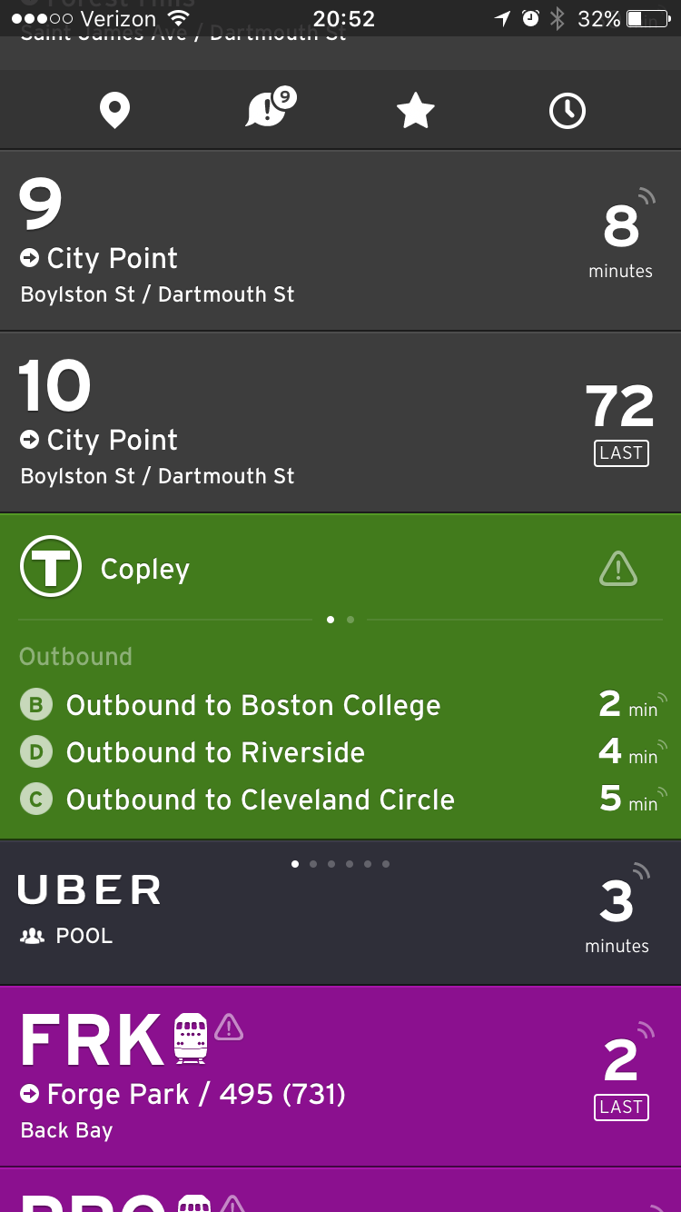 The Green line with three branches lines in one card. The Green line is operated by MBTA in Boston. (Transit)