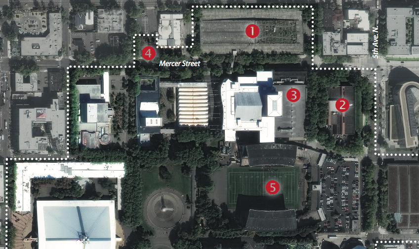1=Mercer Garage, 2=KCTS, 3=Mercer Arena, 4=Mercer Block, and 5=Memorial Stadium. (City of Seattle)
