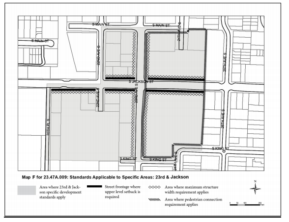 Map of the locations and types of special urban design standards that would apply in the 23rd and Jackson node. (City of Seattle)