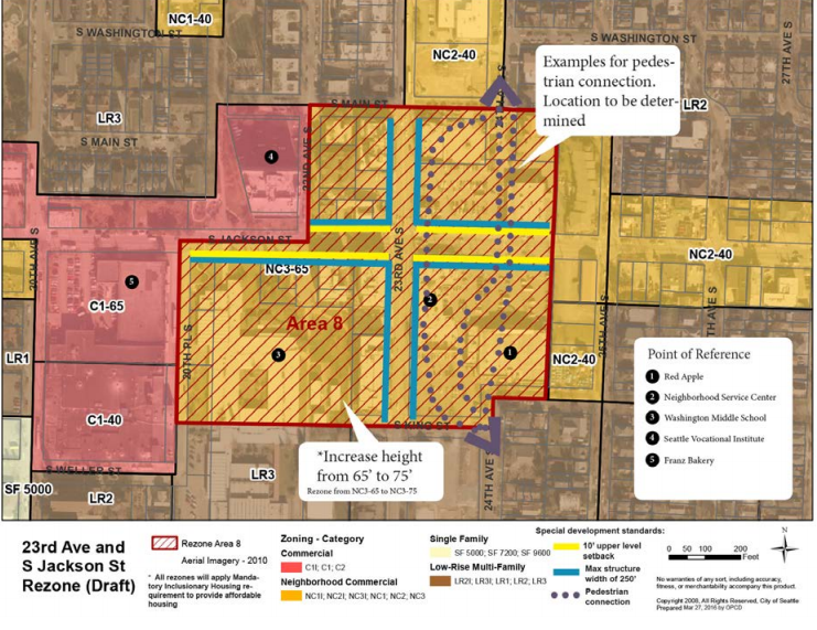 Original urban design framework map for draft rezones and special development standards for the 23rd and Jackson node. (City of Seattle)