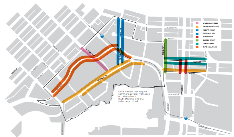 Streets where ground floor commercial and retail frontage will generally be required. (City of Vancouver)