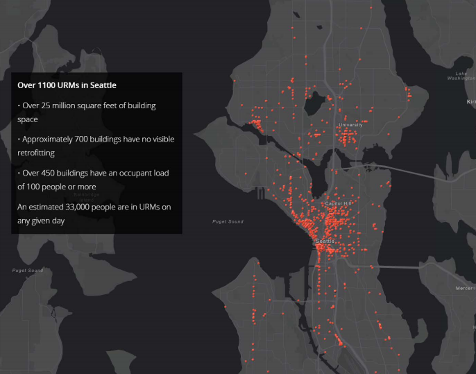 Each dot represents one URM in Seattle. Note that most of these structures are located near Downtown Seattle, Ballard, and University District. (City of Seattle)