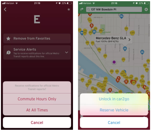 Left: screen to choose frequency of route alerts. Right: example on in-app car2ho reservation option.