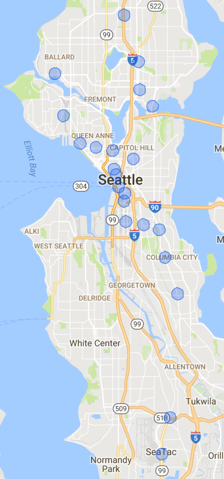 Easy walksheds from planned and existing light rail stations, including Roosevelt's. (Joe Mangan / Google)