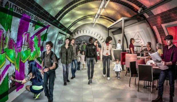 Rendering of an idealized reused London Underground station. (Gensler)