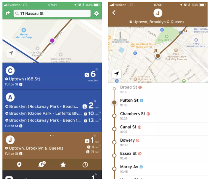 Left: Cards noting that accessibility information is available. Right: J Nassau Street Local stop-level accessibility information.