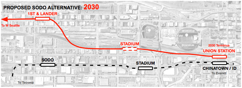 Conceptual alternative West Seattle alignment and station locations in 2030.