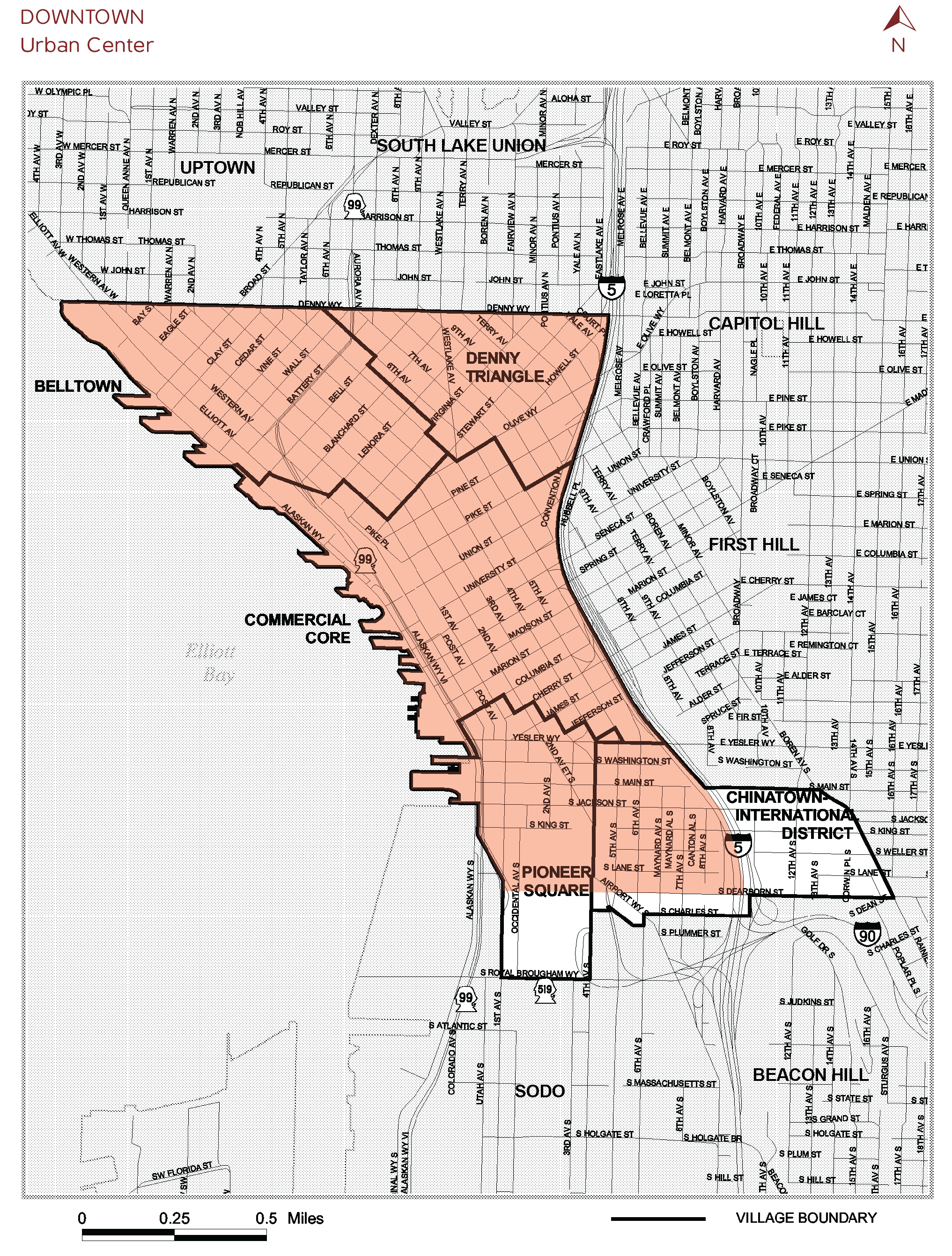 The study area is the shaded red portion of the outlined Downtown Urban Center. The five subsections are "urban center villages" that are no longer used by the City for planning purposes but which continue to enjoy distinct neighborhood identifies. (City of Seattle)