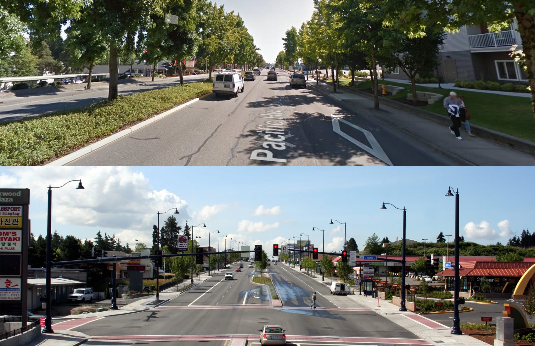 Above: Tukwila’s tree lined Highway 99. (via Google Maps); Below: Shoreline’s version of Aurora at N 152nd St. (Image from City of Shoreline)