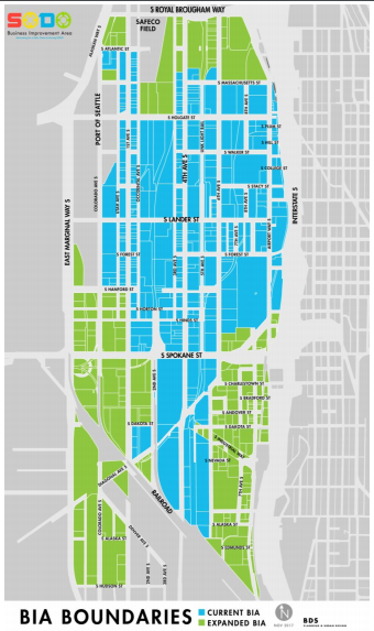 Green is the expanded BIA, blue is the existing BIA. (City of Seattle)