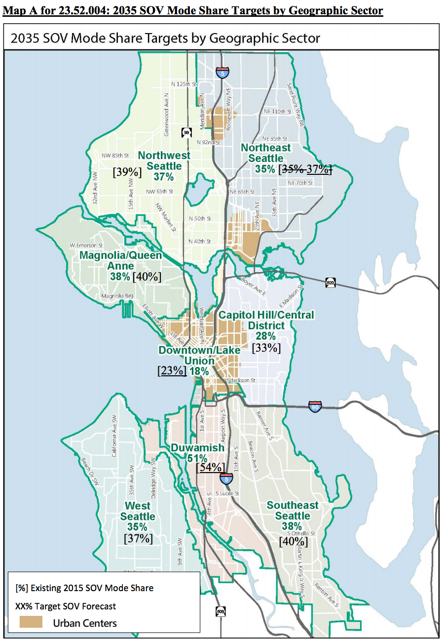 2035 target for SOV mode share by geographic sector. (City of Seattle)