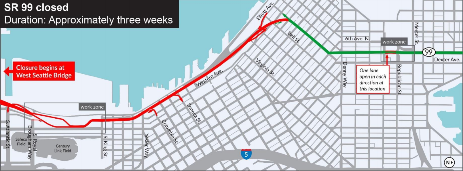 SR-99 will close between the West Seattle Bridge and Battery Street; the Battery Street Tunnel will remain open. (WSDOT)