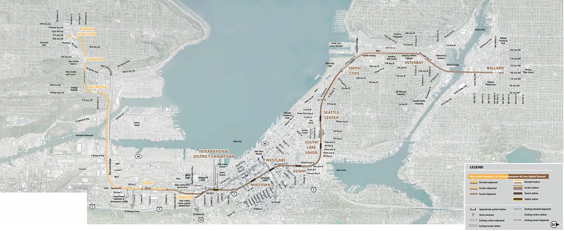 West Seattle Elevated/C-ID 5th Ave/Downtown 6th Ave/Ballard Elevated alternative alignments. (Sound Transit)