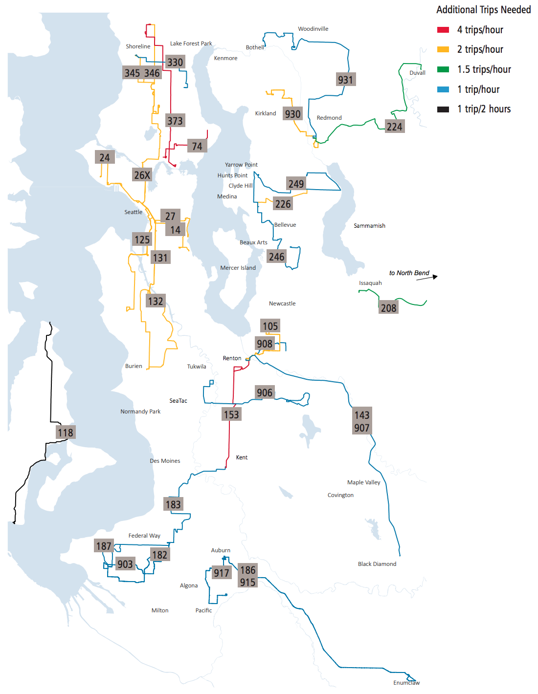 Metro bus corridors needing investment per the Service Guidelines at off-peak periods (9am to 3pm on weekdays). (King County)