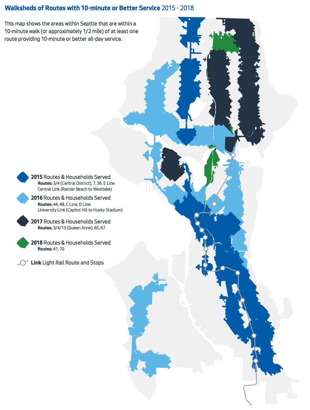 Areas that have progressively received access to 10-minute or better transit service. (City of Seattle)