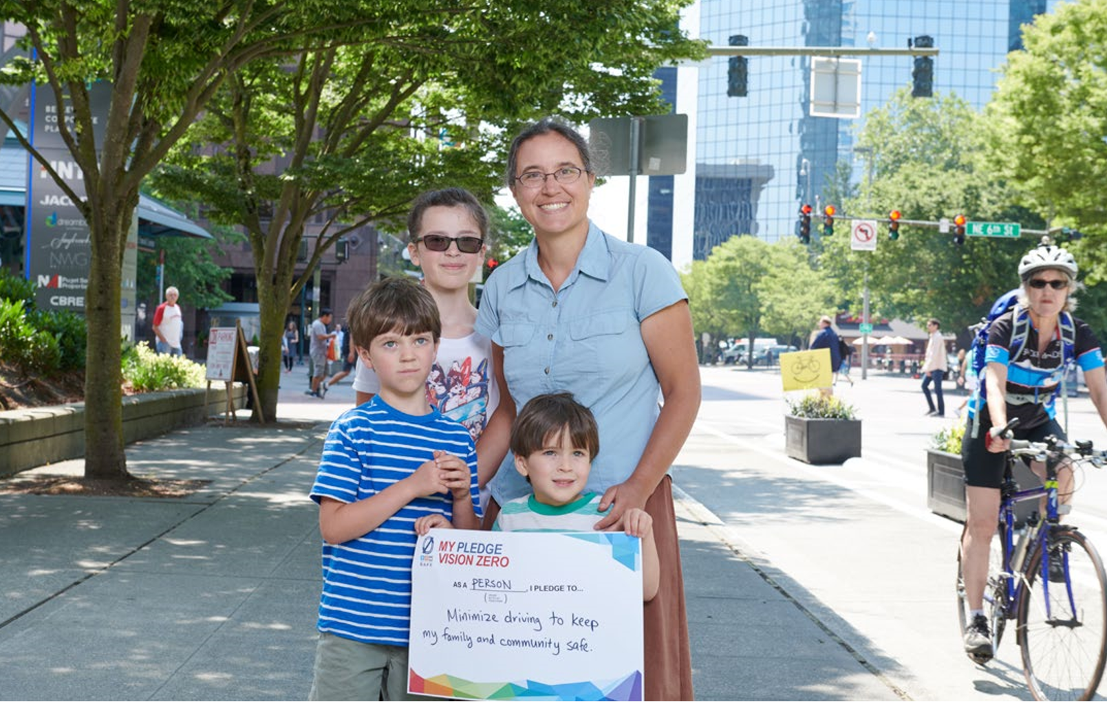  "As a person, I pledge to minimize driving to keep my family and community safe." 