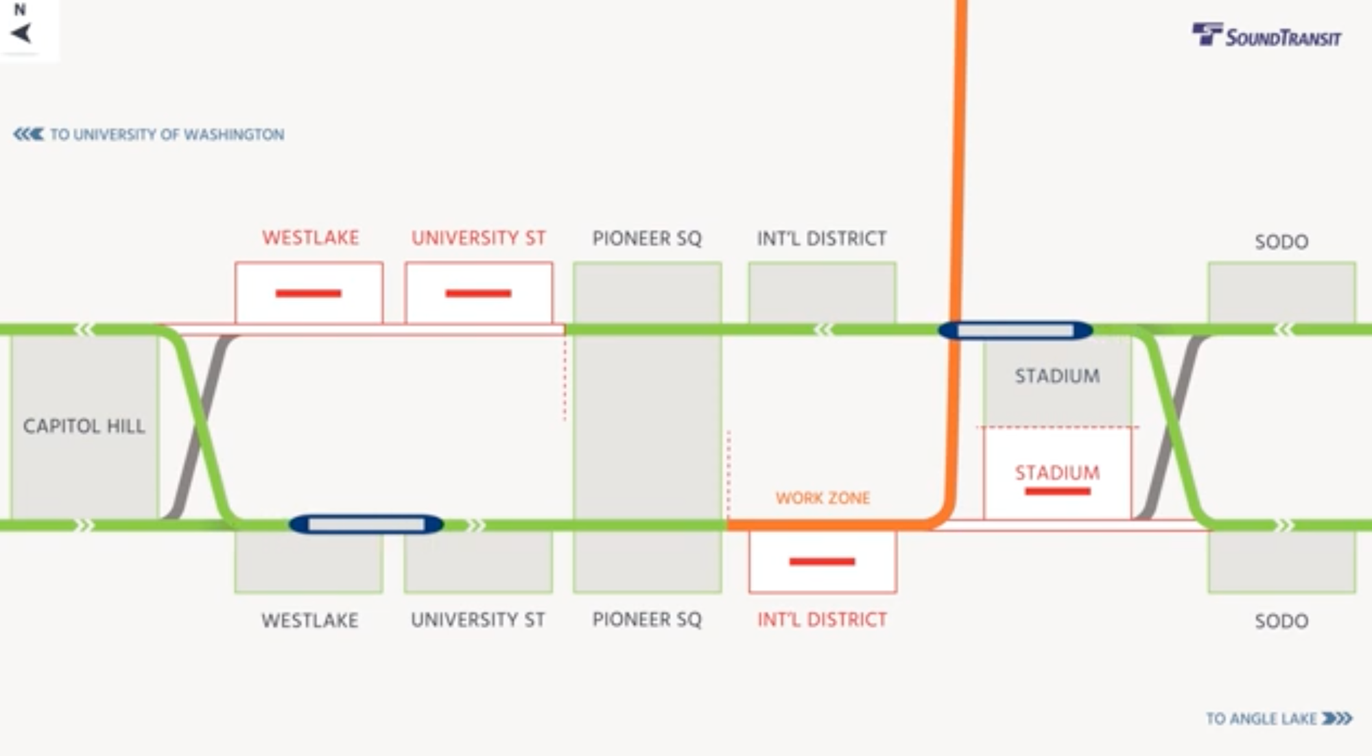 Diagram of the Phase 2 operations, closures, and work zones. (Sound Transit)