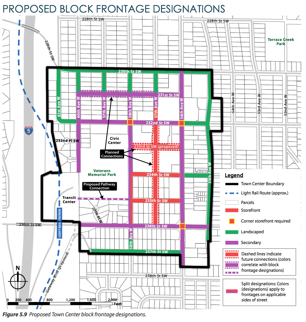 Draft block frontage designations for the town center. (City of Mountlake Terrace)