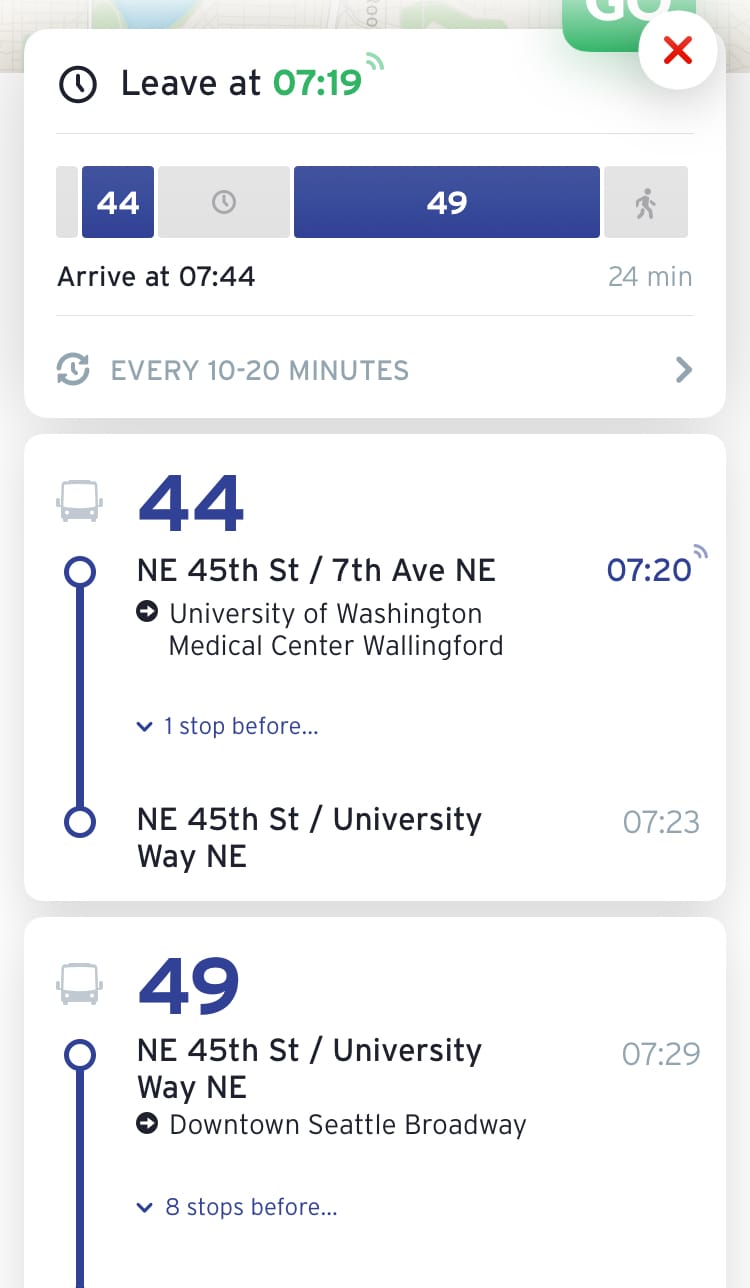A partially live trip pair from the trip planning function. (Transit App)