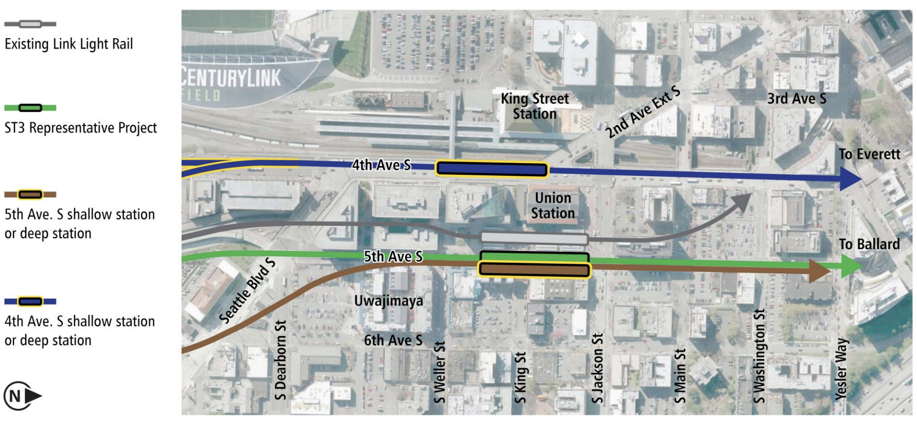 The general options to put a new tunnel and station in Chinatown. (City of Seattle)