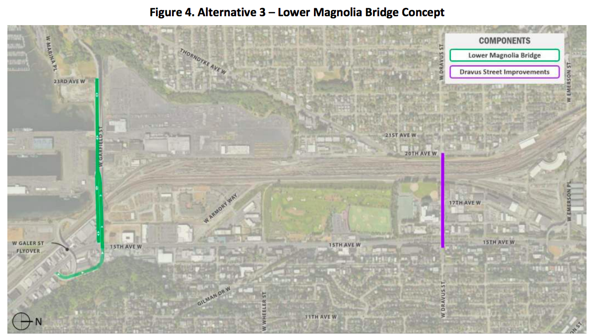 Alternative 3 would only reconstruct the Magnolia Bridge's lower portion to access industrial areas. (City of Seattle)