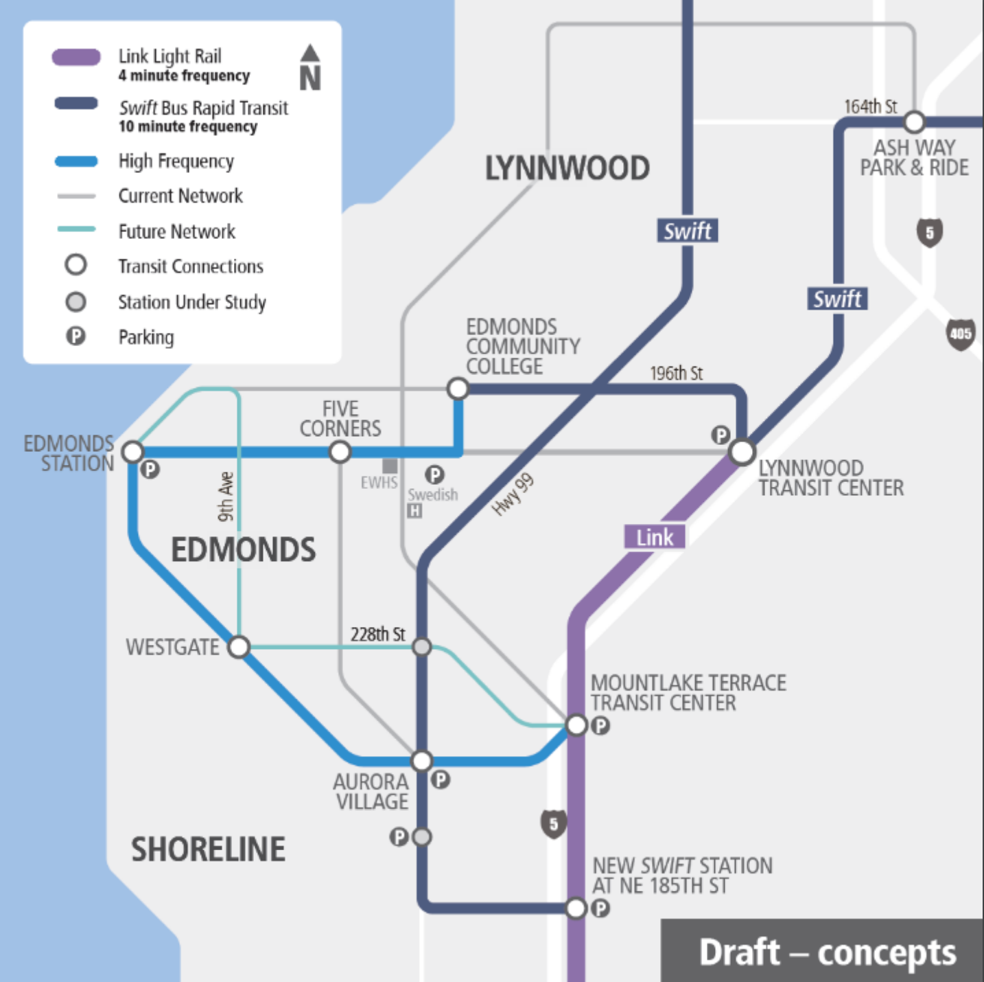 A draft concept of high-level Community Transit bus service to Link. (Community Transit)