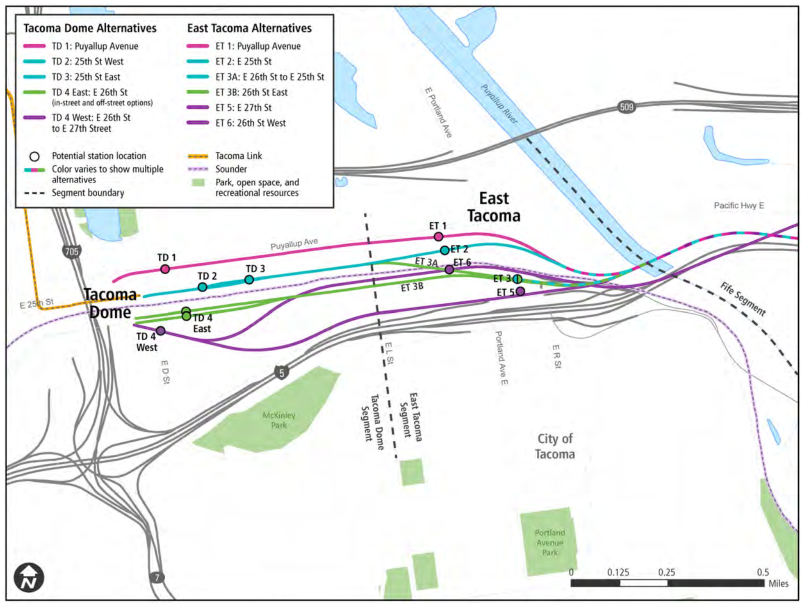 Alternatives for the East Tacoma and Tacoma Dome segments. (Sound Transit)