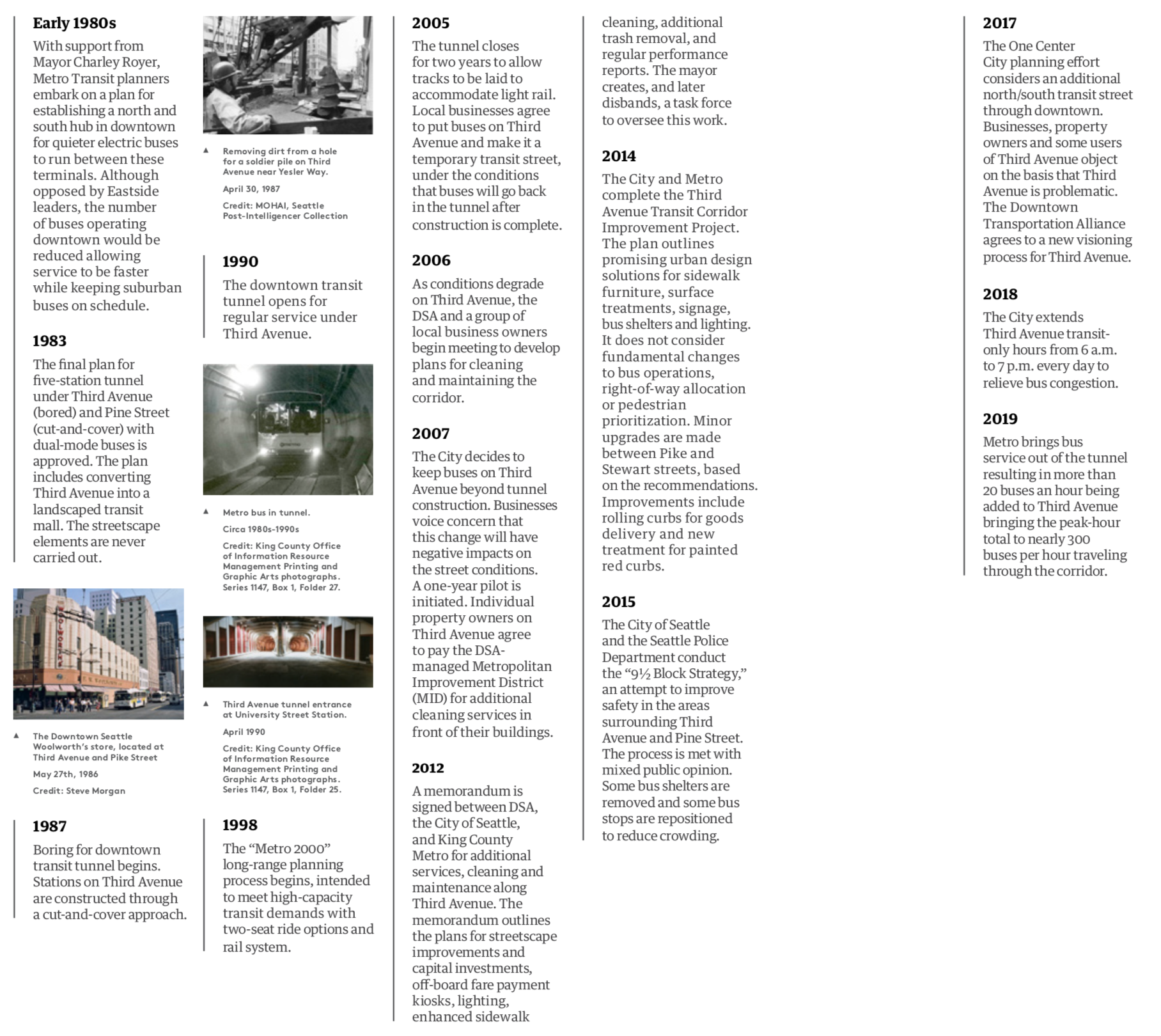 Excerpt of contemporary transit and Third Avenue history from 1980s to present. (Downtown Seattle Association)