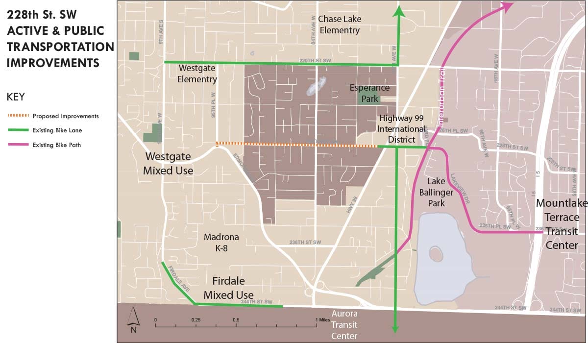 The orange line indicates the one-mile bike and pedestrian improvements Edmonds proposed along 228th St SW. (Sound Transit / Mountlake Terrace)