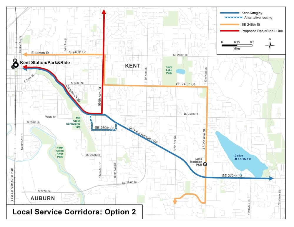 Option 2 for corridor service options in East Hill and Lake Meridian. (King County)