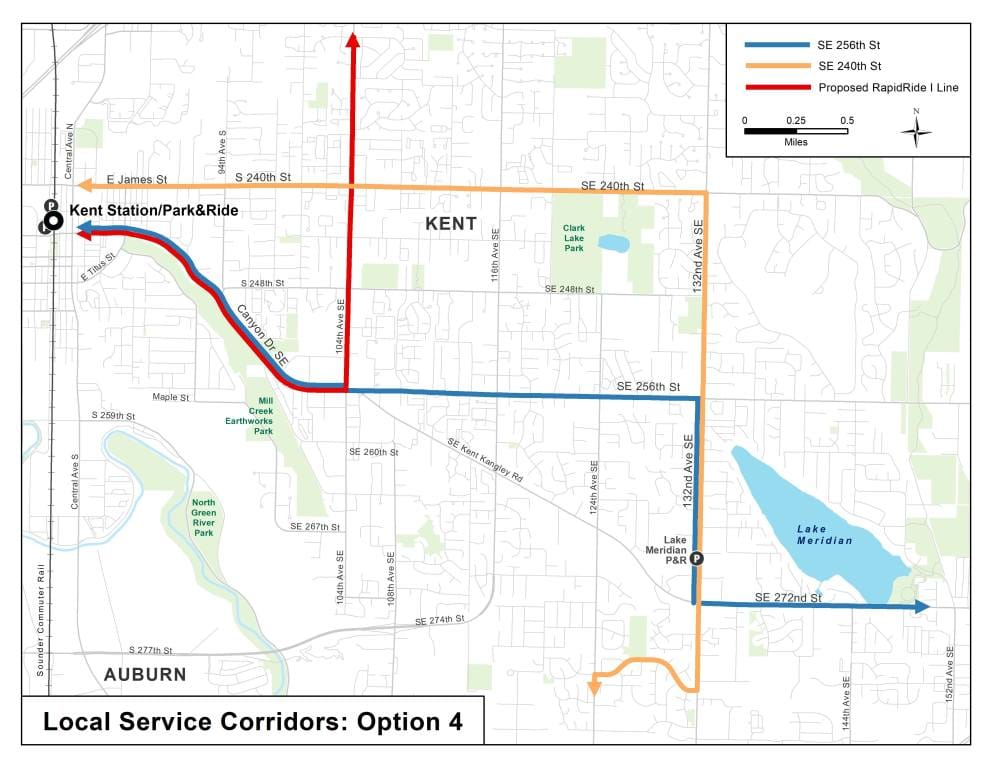 Option 4 for corridor service options in East Hill and Lake Meridian. (King County)