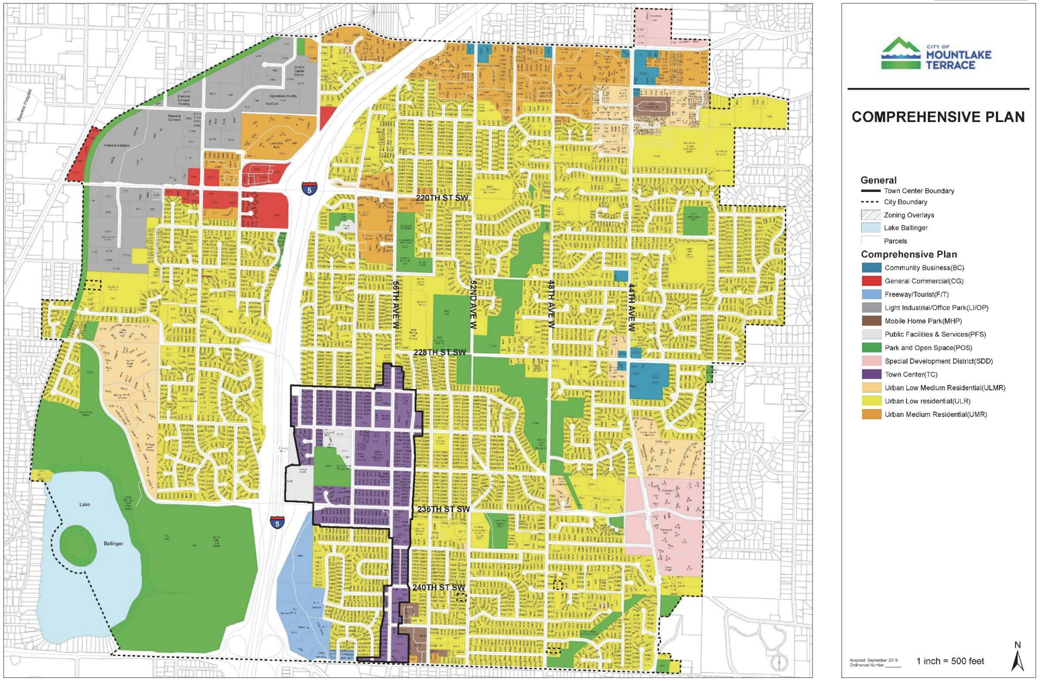 New future land use map for Mountlake Terrace's Comprehensive Plan, which highlights the Town Center area. (City of Mountlake Terrace)