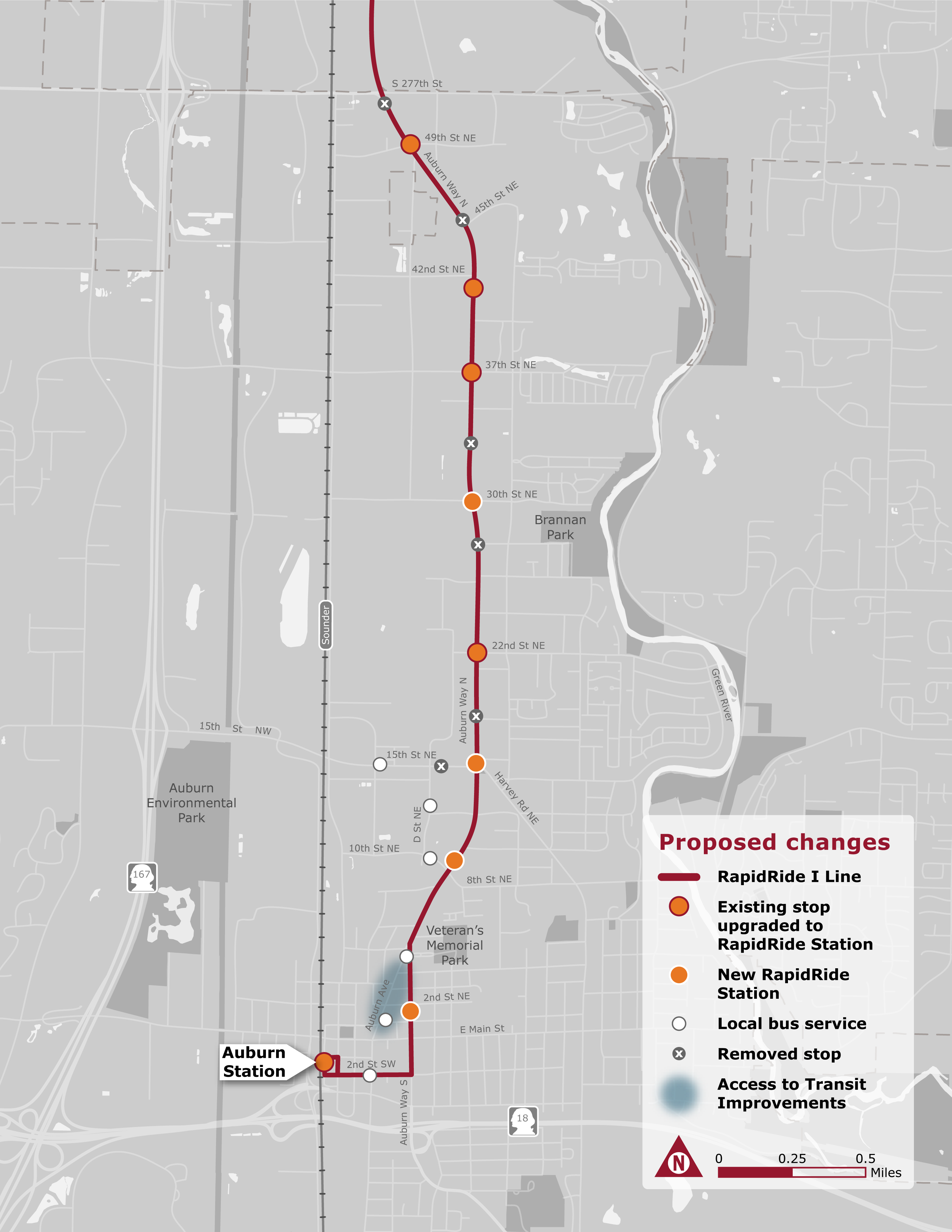 Proposed RapidRide stations, stop upgrades, stop closures, and local stops in the Auburn area. (King County)